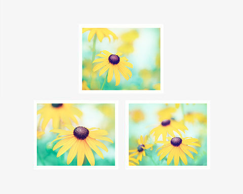 Yellow, Mint Flower Prints, Set of 3